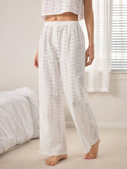 Ocili Cotton Embroidered Shell Button Soft Lace-Up Minimalist Shorts, Comfortable Simple Women Pajama Bottoms, Loungewear