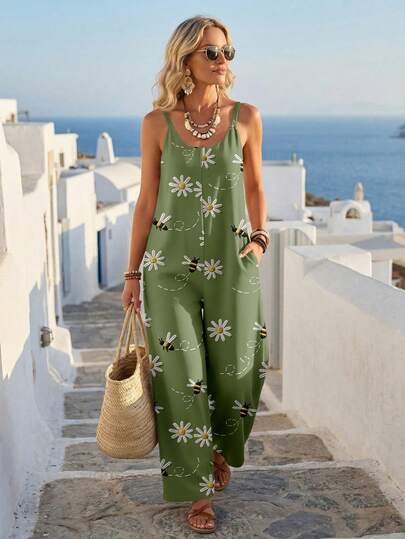 EMERY ROSE Macacão Casual Estampado Feminino, Roupa Versátil para Férias