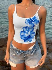 Áo camisole lửng ôm dáng in hoa, thích hợp cho nữ, phong cách thường ngày, mùa hè. - Nhiều màu - Xem 5