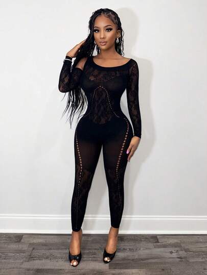 BamGleam Women's Sexy Hollow Out Oblique Shoulder Sheer Mesh Jumpsuit