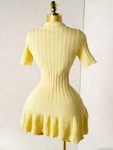 Mistrie Women's Knit Pearl Button Ribbed Pale Yellow Mini Dress,Short Sleeve Bodycon Pleated Summer Sweater Dress Cute School Back-To-School Polo Outfit - Light Yellow - View 2