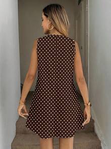 Easowa 女士休闲无袖棕色波点A字连衣裙，带绗缝口袋，优雅度假装扮，复古奢华风格 - 彩色 - 查看 2