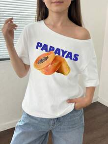 少女字母菠萝印花不对称领短袖T恤 - 白色 - 查看 7