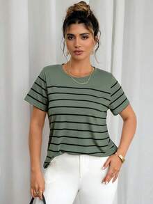 Vionelle Plus Size Round Neck Striped Short Sleeve T-Shirt Graphic Tees Women Tops - Green - View 5