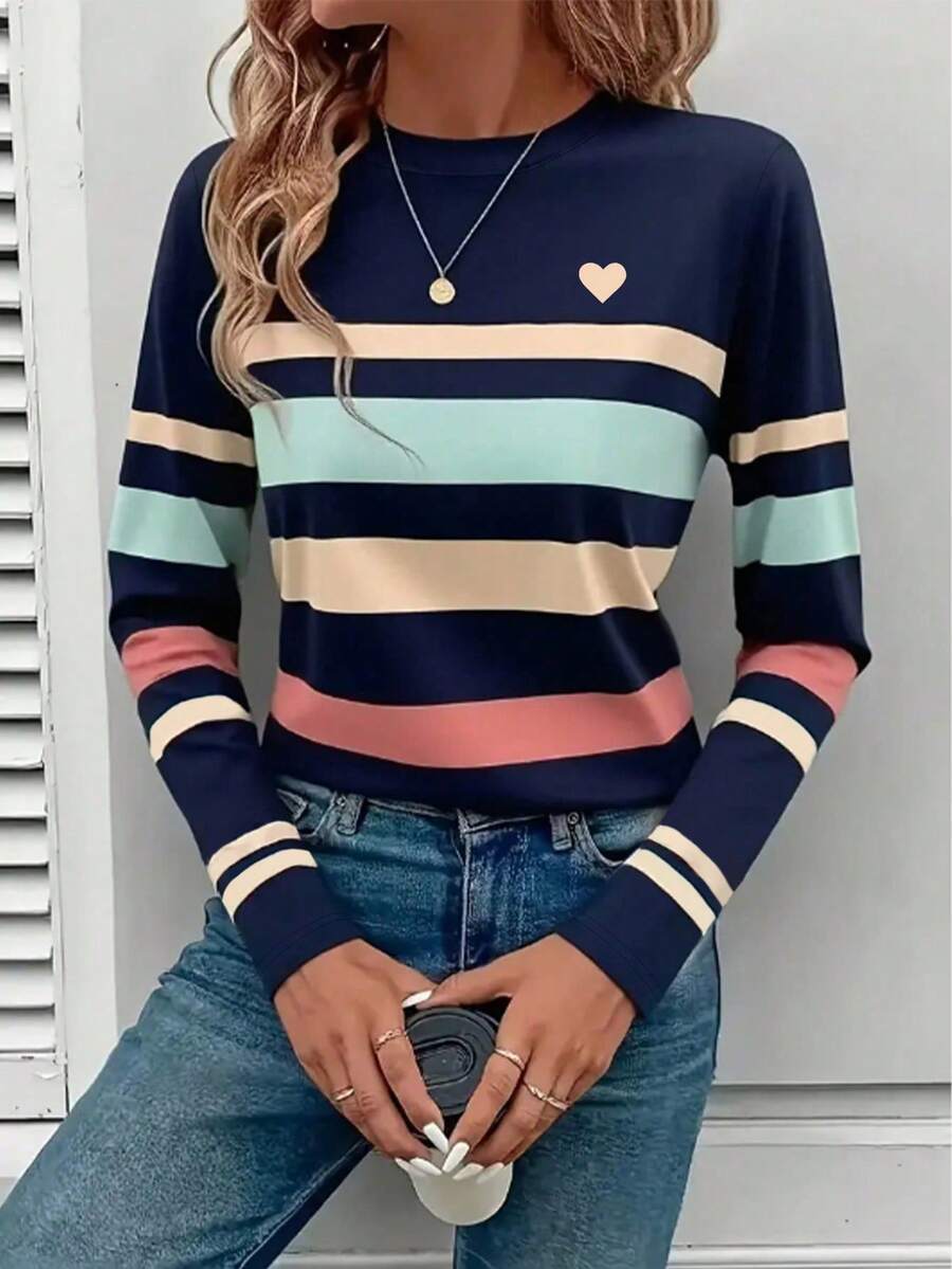 EMERY ROSE Women's Long Sleeve T-Shirt, Mature Heart & Stripe Print Top, Classic Pattern Design, Versatile Casual Outdoor Wear, Autumn - Multicolor - View 1