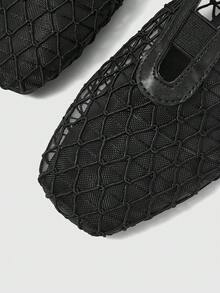 Ladies Exquisite Hollow Mesh Exposed Heel Flat Women's Shoes, Fashionable And Comfortable Square Toe Elegant Flat Shoes - Black - View 3