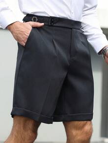 Manfinity Bizformal 男士夏季休闲商务成熟日常通勤简约百搭纯色深灰色前缝短裤 - 深灰色 - 查看 4