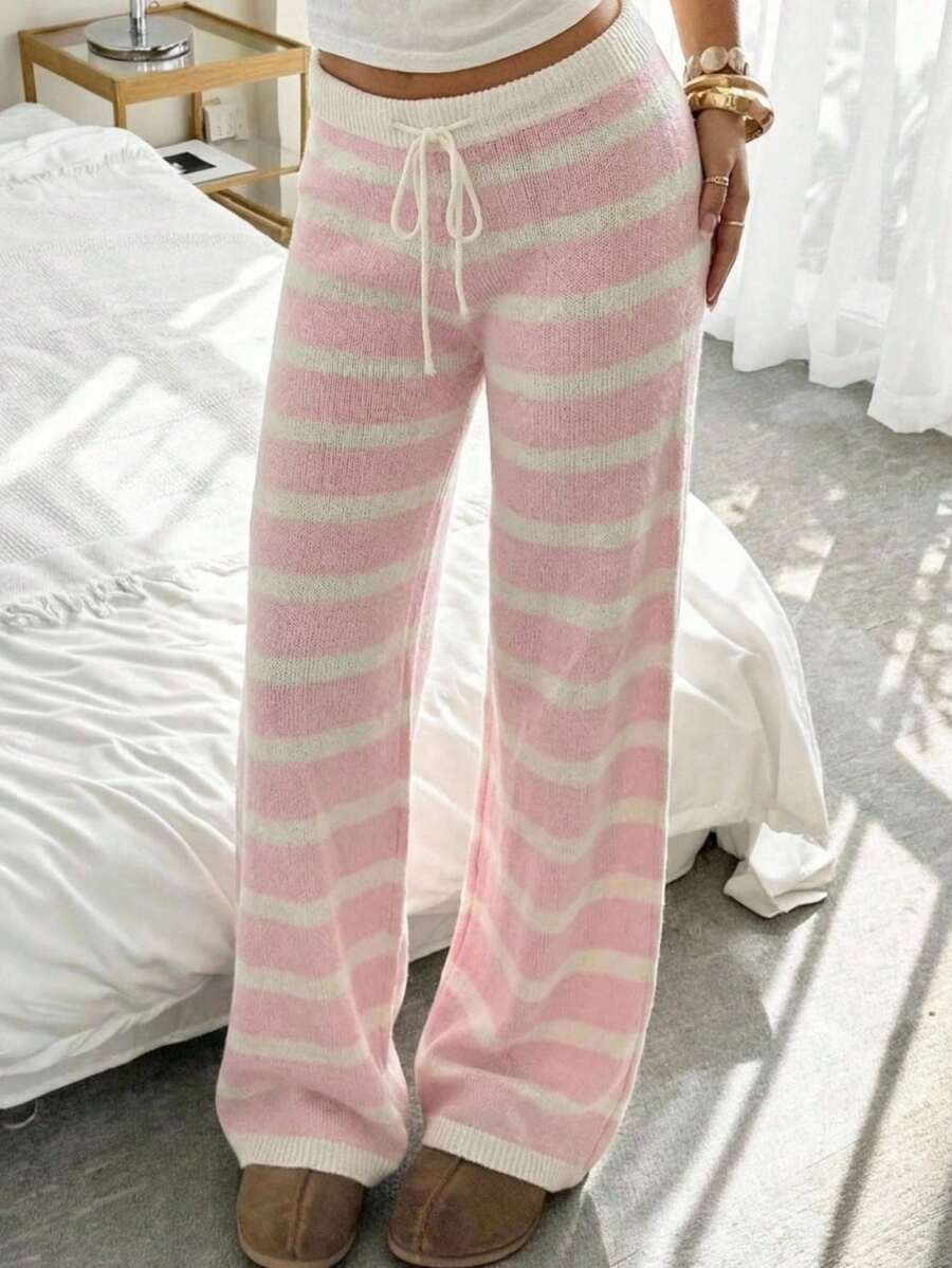 SHEIN EZwear Quần dệt kim dáng rộng kẻ sọc, cạp chun, dành cho nữ, kiểu dáng thường ngày. - Nhiều màu - Xem 1