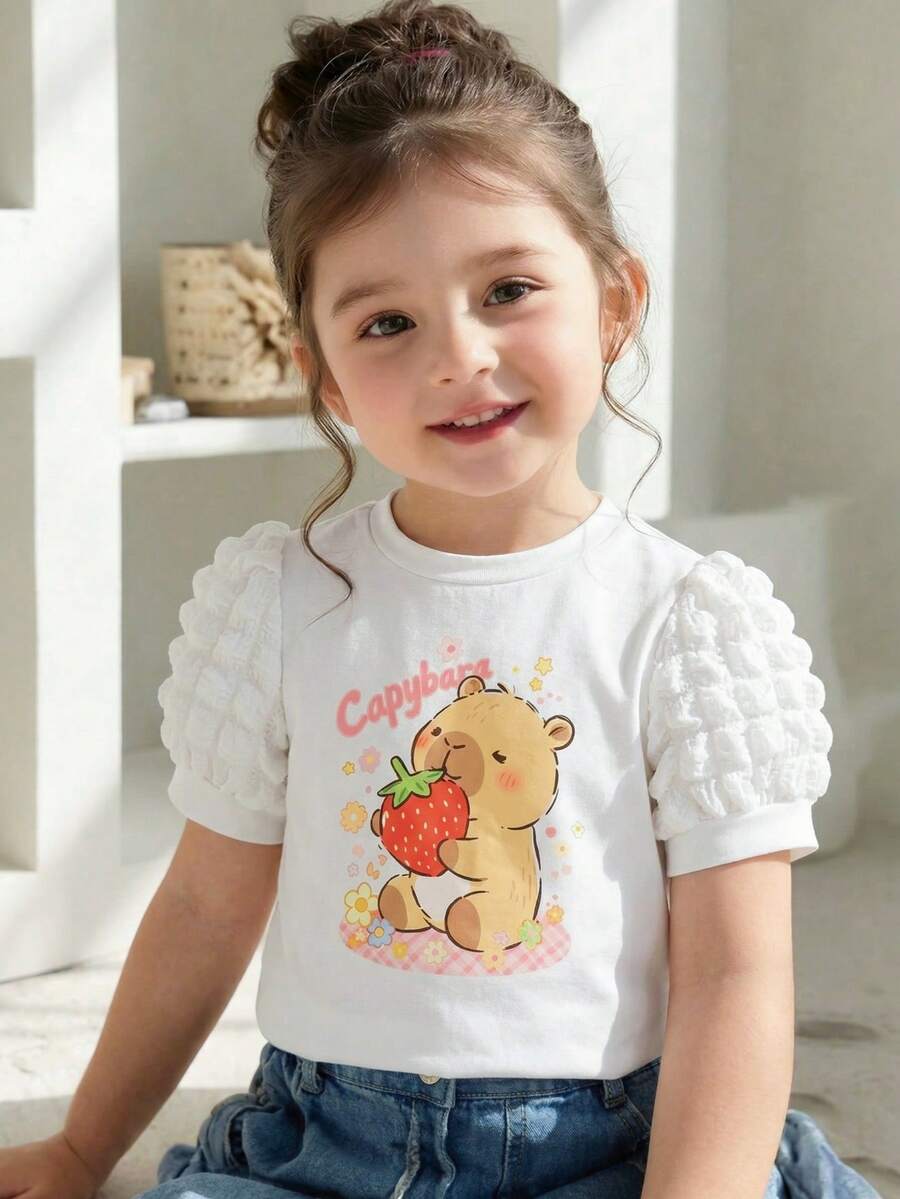 SHEIN 1pc Girls Cute Strawberry Bear & Popcorn Print Round Neck Short Sleeve Top - White - View 1