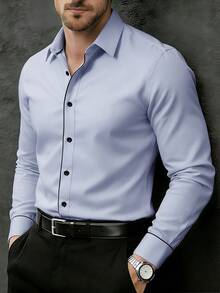 Manfinity Bizformal 男士休闲撞色滚边长袖衬衫，适合日常穿着和通勤，春秋季，正式场合适用 - 淺灰色 - 查看 3
