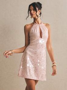 Poéselle Women's Fashionable Sexy Party Sequin Mini Dress,Pink Sequin Halter Neck Mini Dress For Women Sleeveless Short Party Wear With Daring Keyhole Design,Going Out Dresses For Women,Women's Party Dresses,Rehearsal Dinner Dress Guest,Bridal Shower Dresses For The Bride,Elegant Sparkle Women's Halter Neck Mini Dress With Backless Design,Women's Sexy Backless Halter Sequin Mini Dress Pink Sleeveless Party Wear,Backless Summer Dress,Summer 2026 Outfits,Graduation Dress ,Wedding Party Dress ,Wedding Guest Dress - Pink - View 8