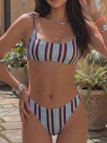 Swim Mod Bộ đồ bơi nữ, bikini 2 mảnh kiểu nghỉ dưỡng biển đảo, họa tiết sọc và hoa ngẫu nhiên, dây đeo vai có thể điều chỉnh, đồ bơi thường ngày đa năng. - Nhiều màu - Xem 1