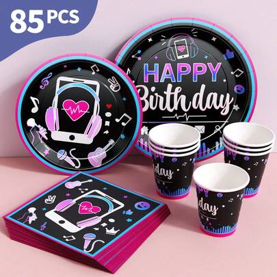 Music Happy Birthday Disposable Plates, Napkins And Cups Set, Serves 20 Guests. This Disposable Party Set (Including Plates, Napkins And Cups) Is Perfect For Birthday Parties, Weddings And Family Picnics.