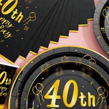 Platos, servilletas y vasos desechables conmemorativos del 40 cumpleaños en negro y dorado, sirve para 20 invitados. Este conjunto de fiesta desechable (que incluye platos, servilletas y vasos) es perfecto para fiestas de cumpleaños, bodas y picnics familiares. - Ver 5