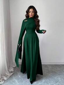 Rafferiza Váy chữ A cổ cao tay dài chất liệu voan chắp vá thanh lịch, đính trâm cài kim loại, thích hợp cho tiệc tốt nghiệp, sự kiện ngày lễ, hẹn hò, đám cưới, mùa thu/đông - màu xanh lá - Xem 3