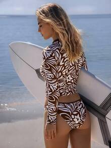 Swim SPRTY Women's Random Print Tankini Swimsuit With Long Sleeve And Triangle Bottoms, Suitable For Beach, Vacation, Surfing, Sports - Multicolor - View 2