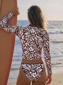 Swim SPRTY Women's Random Print Tankini Swimsuit With Long Sleeve And Triangle Bottoms, Suitable For Beach, Vacation, Surfing, Sports - Multicolor - View 3