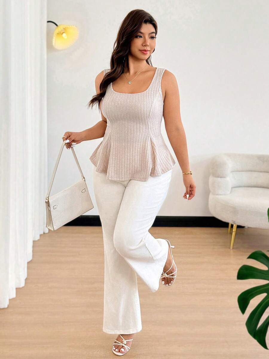 Easura Plus Size Women Fuzzy Striped Elastic Back Tie A-Line Tank Top, Spring/Summer - Khaki - View 1