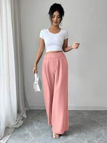 Elenzga Women's Dusty Pink,Summer,Elegant,Brunch,Office High-Waisted Gold Button Flared Leg Pants,Urban Fashion Light Blue Trousers For Wedding,Gala,Commute - Pink - View 5