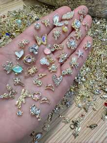 24件套Y2K风格美甲饰品，合金材质，3D立体爱心星星蝴蝶结水钻樱桃美甲装饰配件，闪亮礼物，送给朋友 - 金色 - 查看 4