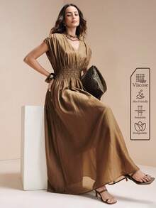 Arave Women Long Maxi Dress Viscose Textured Fabric A-Line Wide Smocked Elastic Waist V Neck Flutter Sleeve Pleated Design Elegant Vintage Vacation Brown Dress Elegant Dresses For Women Vacation Outfits Women Summer Holiday Outfits Viscose Dress Women Dress Smocked Dress For Women V Neck Dress For Women Maxi Dress For Women - Brown - View 1