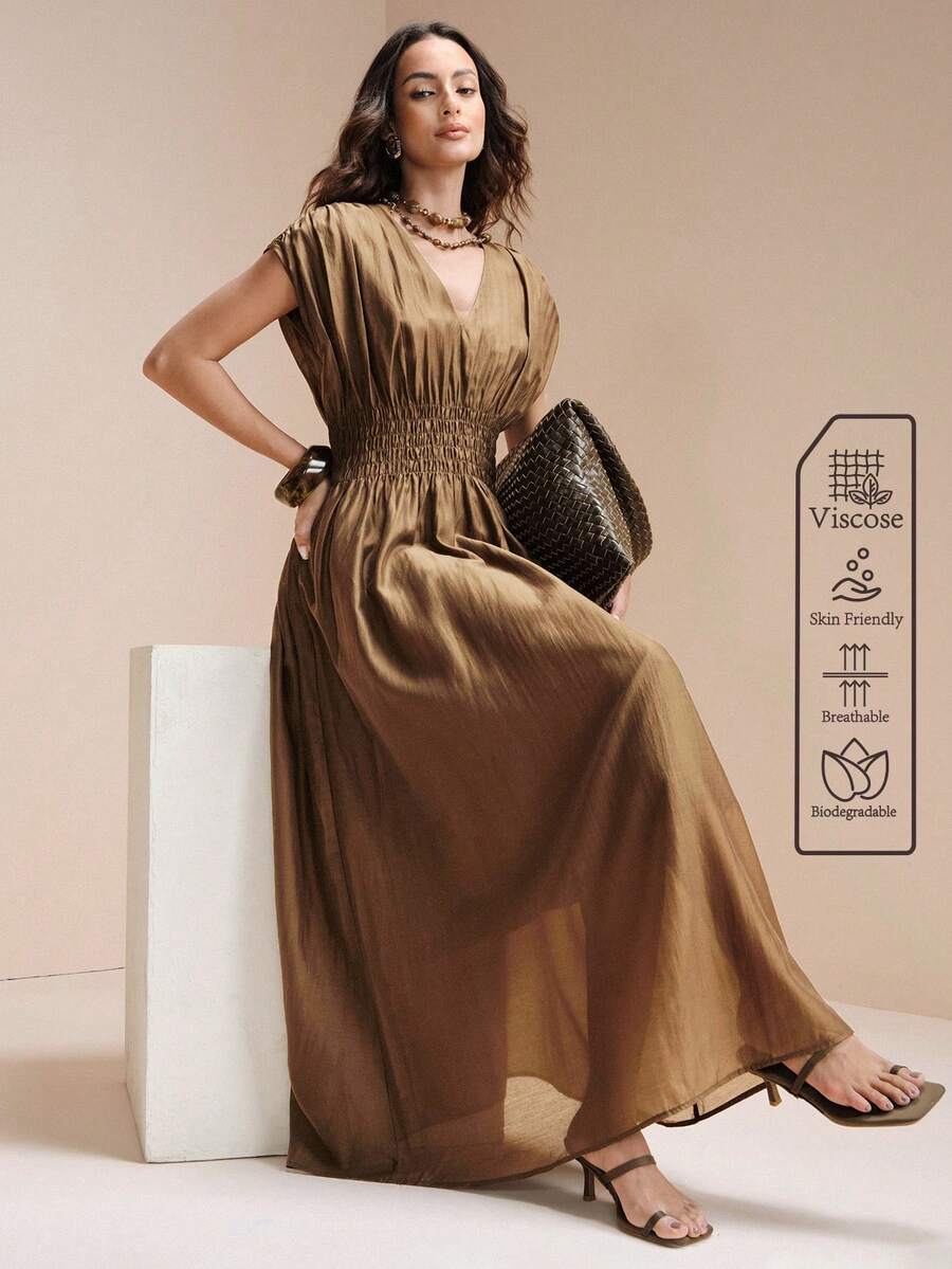 Arave Women Long Maxi Dress Viscose Textured Fabric A-Line Wide Smocked Elastic Waist V Neck Flutter Sleeve Pleated Design Elegant Vintage Vacation Brown Dress Elegant Dresses For Women Vacation Outfits Women Summer Holiday Outfits Viscose Dress Women Dress Smocked Dress For Women V Neck Dress For Women Maxi Dress For Women - Brown - View 1