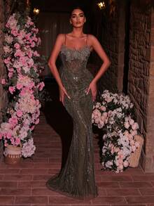 Glamrae Chân váy đuôi cá sang trọng, đính cườm và sequin họa tiết hoa 3D, thích hợp cho đám cưới, tiệc tùng, kỳ nghỉ, dạ hội và các dịp trang trọng (đính kết rất cầu kỳ). - Cỏ xanh - Xem 7