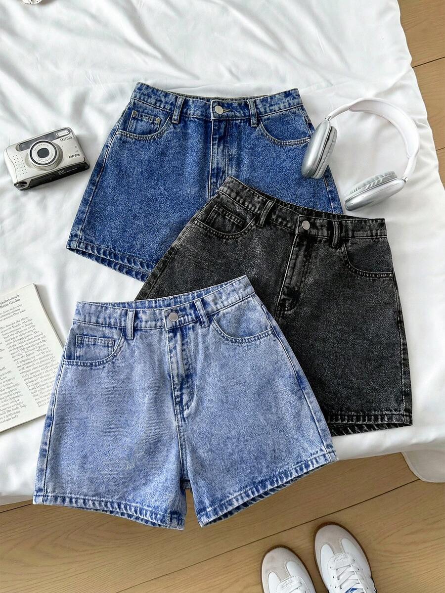 SHEIN Teen Girl Spring Summer Beach Boho Holiday 3 Pieces Solid Light Washed Ripped Raw Hem Casual Baggy Denim Shorts, Summer Concert Rave Festivals, Beach Vacations ,Country Concert - Multicolor - View 1