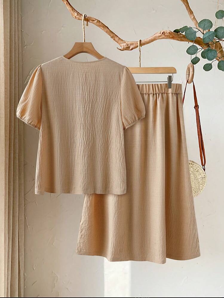 Plus Size Women Casual Short Sleeve Top & Skirt 2 Pieces Set