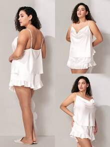 LUVLETTE Summer Sweet Feminine Plus Size Satin Pajama Set - Cowl Neck Camisole & Ruffled Shorts Soft Romantic Lounge Wear Wedding Items Bride Pajamas Set - White - View 3