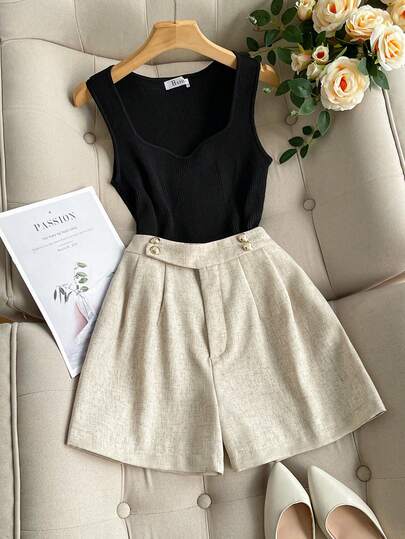 Franclia 女士时尚高腰纯色短裤，金属纽扣装饰，A字版型，通勤简约风格，适合约会和度假，春夏款