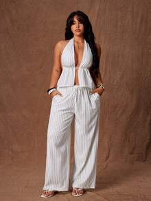 Rustia Plus Size Women V-Neck Striped Halter Top And Wide Leg Pants 2 Pieces Set - Apricot - View 1