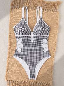 Swim Mod Áo tắm liền thân xếp nếp in kỹ thuật số kẻ caro mùa hè mới dành cho nữ - Đen và trắng - Xem 6