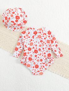 SHEIN Vintaside Kids Newborn Cute Red Ditsy Floral Swimsuit,Long Sleeve Rash Guard One-Piece With Front Zipper,2-Piece Set With Ruffled Hat,Summer Pool Party Holiday Wear - Multicolor - View 2