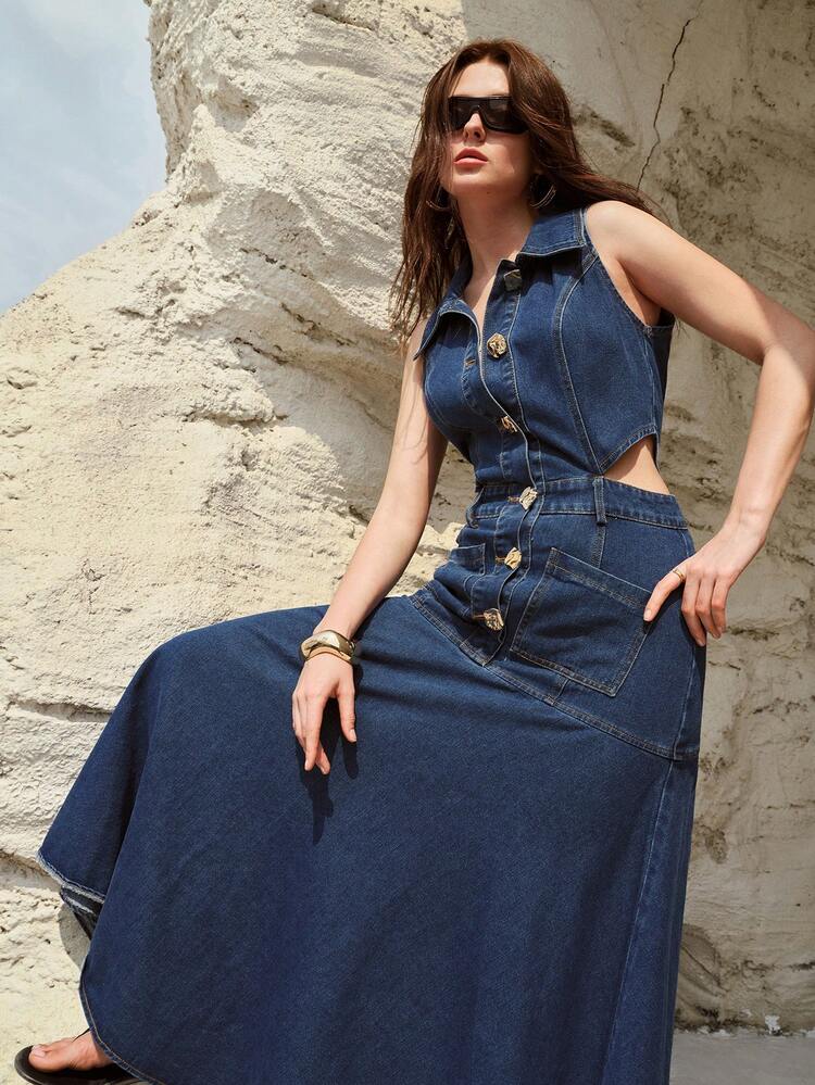 WOMEN'S TURNDOWN COLLAR SLEEVELESS LONG DENIM DRESS, SPRING/SUMMER
