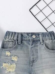 Kleine Jungen Jeans Shorts, Sommer Bestseller, mittelblauer Jeans Farbton, Y2K Collegiate Streetwear Stil, vielseitig, markantes abgenutztes Design, bequeme Baumwolle, geeignet für Outdoor, Schule, Pendeln, Party, Schulanfang 2026 Neuheit - Mittele Waschung - Übersicht 8