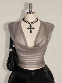 SHEIN ICON Áo croptop lưới bóng bẩy gợi cảm phong cách đường phố Y2K dành cho người có thân hình mũm mĩm - Màu be - Xem 3