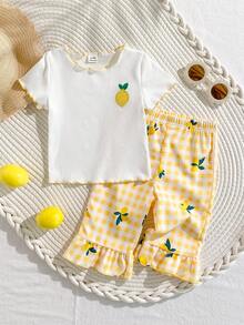 SHEIN Playful Pals 2件套女婴幼儿/新生儿0-3岁春夏可爱图案条纹针织樱桃刺绣短袖T恤和格子裤套装 - 黃色 - 查看 4