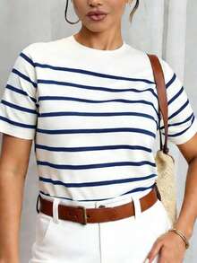 Vionelle Plus Size Round Neck Striped Short Sleeve T-Shirt Graphic Tees Women Tops - Blue - View 1