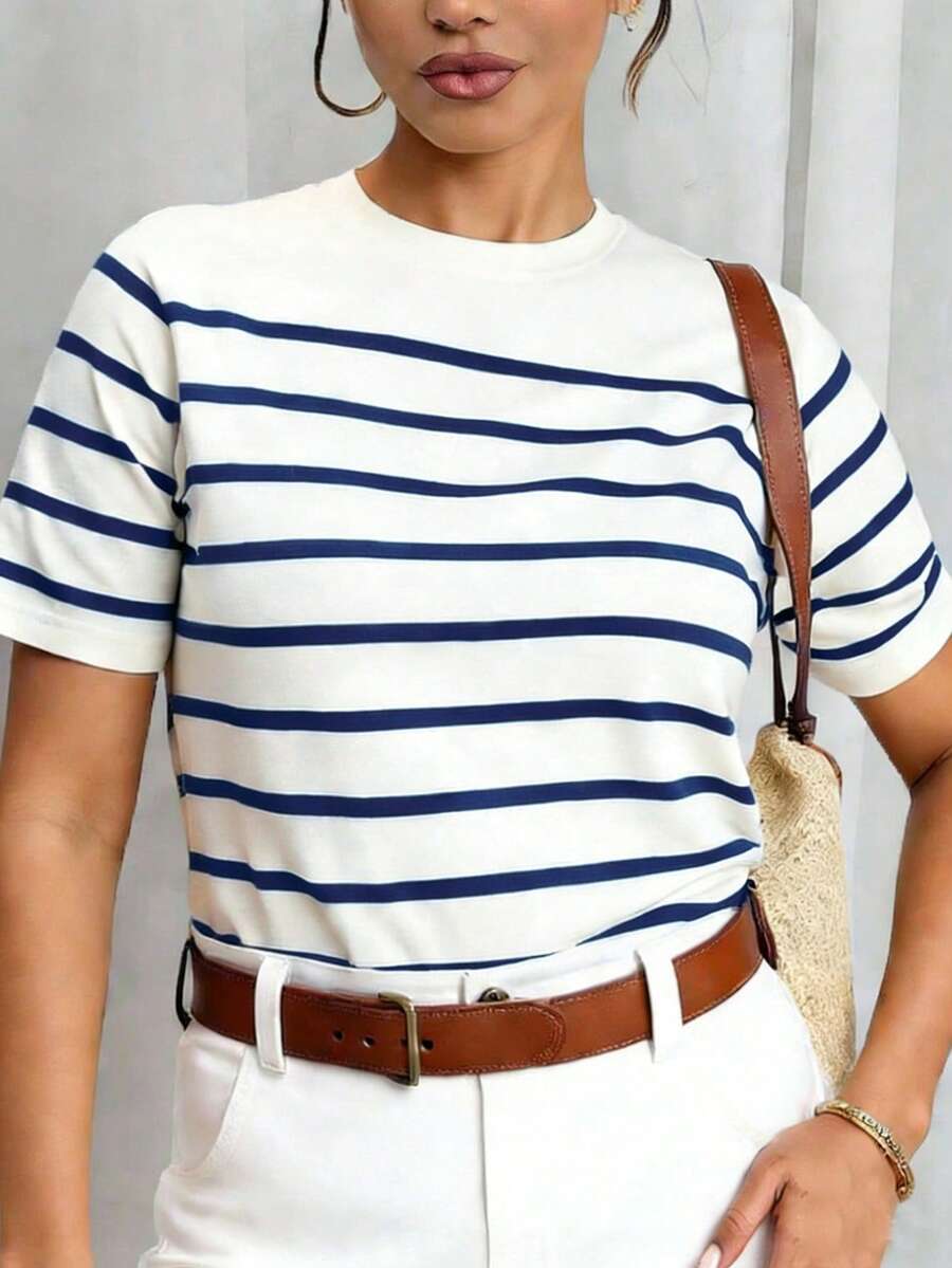 Vionelle Plus Size Round Neck Striped Short Sleeve T-Shirt Graphic Tees Women Tops - Blue - View 1