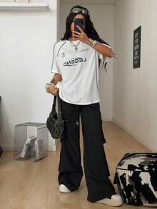 Coolane 女士夏季街头风 Y2K 酷炫活动字母印花撞色短袖蓝色T恤 - 白色 - 查看 5