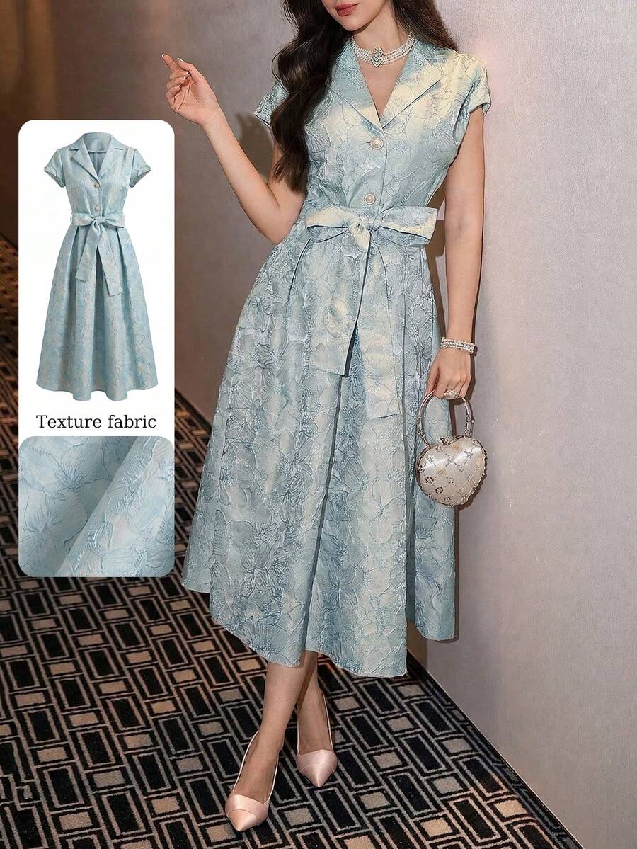 Modelyn 女士春夏粉色提花织纹短袖纽扣领收腰A字优雅连衣裙 - 藍色 - 查看 1