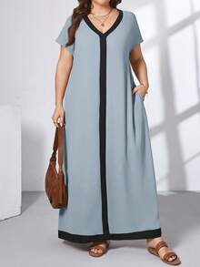 SHEIN Essnce 夏季大码休闲撞色连衣裙 - 淺藍色 - 查看 3