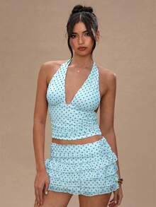 SHEIN BAE Áo tank top cổ yếm in chấm bi dáng casual dành cho nữ, thích hợp mặc mùa hè. - Màu xanh lam - Xem 3