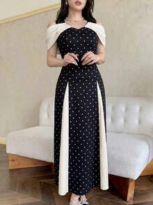 Modelyn 女士针织黑白波点撞色露肩收腰优雅派对鸡尾酒连衣裙 - 黑與白 - 查看 7