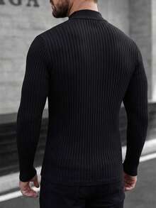 Men's Solid Casual Ribbed Button Front Great Quality Polo Neck Long Sleeve Top - Black - View 2