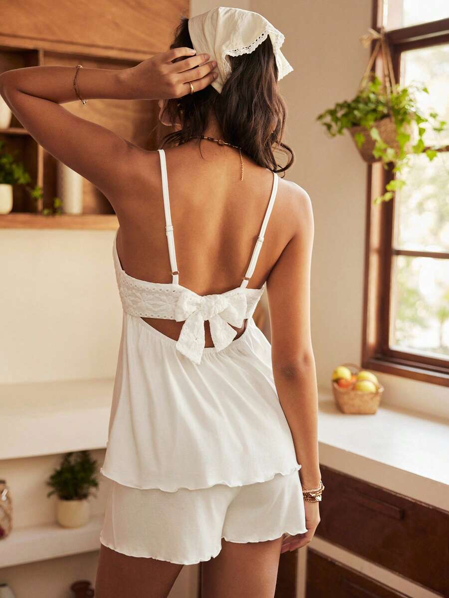 Bohemian Style 100% Cotton Camisole Pajama Set For Women - White - View 1