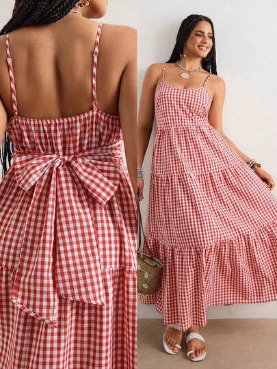 Freevana Đầm slip dáng rộng kẻ caro buộc dây phía sau dành cho nữ cỡ lớn
