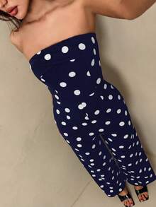 SHEIN Glamour 女士连体裤，针织黑白波点无肩带连体裤 - 藍色 - 查看 4