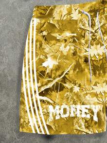 Manfinity ZONE917 Men's Letter Print Round Neck Short Sleeve T-Shirt And Leaf Print Shorts Casual Set - Yellow - View 4